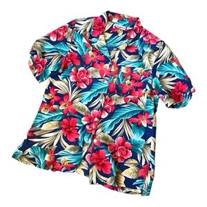 Vintage 80s Women’s Alfred Dunner Tropical Silk Short Sleeve Blouse, Size 14